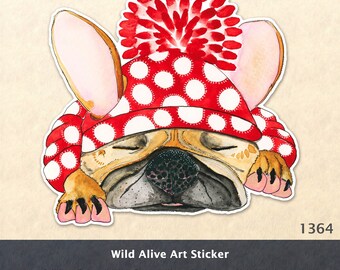 Dog Sleeping in Pajamas Sticker Cute Dog Sticker Dog in Pom Pom Cap Water Bottle Sticker Laptop Decal Watercolor Art Sticker