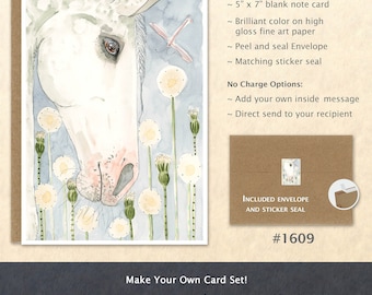 Horse and Danelions Note Card White Horse Card Farm Animal Card Customizable Blank Note Card Watercolor Art Card Painted Greeting Card
