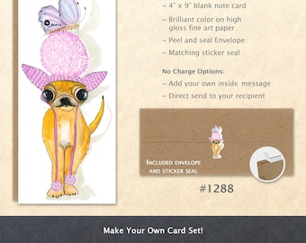 Butterfly Landing on Chihuahua's Pom Pom Hat Card Silly Dog Card Customizable Blank Note Card Watercolor Art Greeting Card