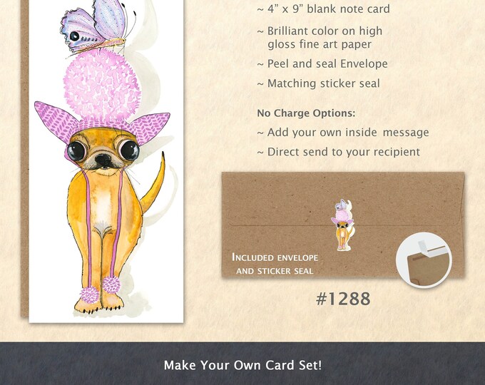 Butterfly Landing on Chihuahua's Pom Pom Hat Card Silly Dog Card Customizable Blank Note Card Watercolor Art Greeting Card