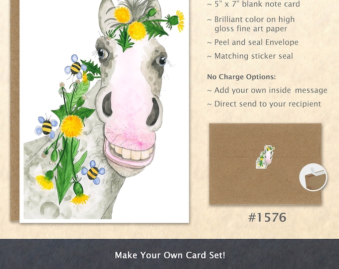 Horse and Bees Note Card Farm Animals Card Cute Animal Card Dandelions Customizable Blank Note Card Art Card Greeting Card
