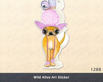 Butterfly Landing on Chihuahua's Pom Pom Hat Silly Dog Sticker Water Bottle Sticker Scrapbook Sticker Laptop Decal Watercolor Art Sticker
