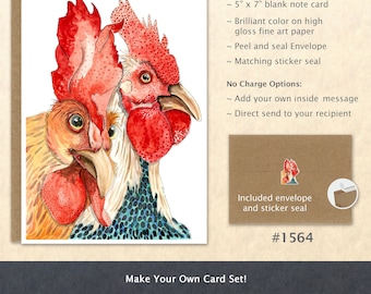 Roosters Note Card Chicken Card Fowl Card Farm Animals Blank Note Card Watercolor Art Card Greeting Card