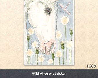 Horse and Dandelions Sticker White Horse Sticker Water Bottle Sticker Scrapbook Sticker Laptop Decal Watercolor Art Sticker