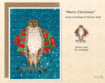 Merry Christmas Owl Card Holiday Note Card Blank Watercolor Card Art Card Note Card