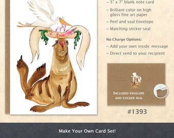 Sea Lion and Pelican Note Card Sea Life Card Whimsical Card Cute Animal Card Customizable Blank Note Card Art Card Greeting Card