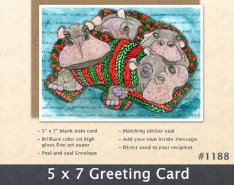 Hippos Waiting for Santa Holiday Note Card Blank Christmas Card Watercolor Card Art Card Note Card