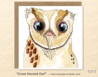 Great Horned Owl Note Card Bird Card Watercolor Art Card Customizable Blank Note Card Art Card Greeting Card