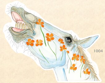 Horse and Poppies Sticker Farm Animal Sticker Watercolor Art Sticker Water Bottle Sticker Scrapbooking Sticker