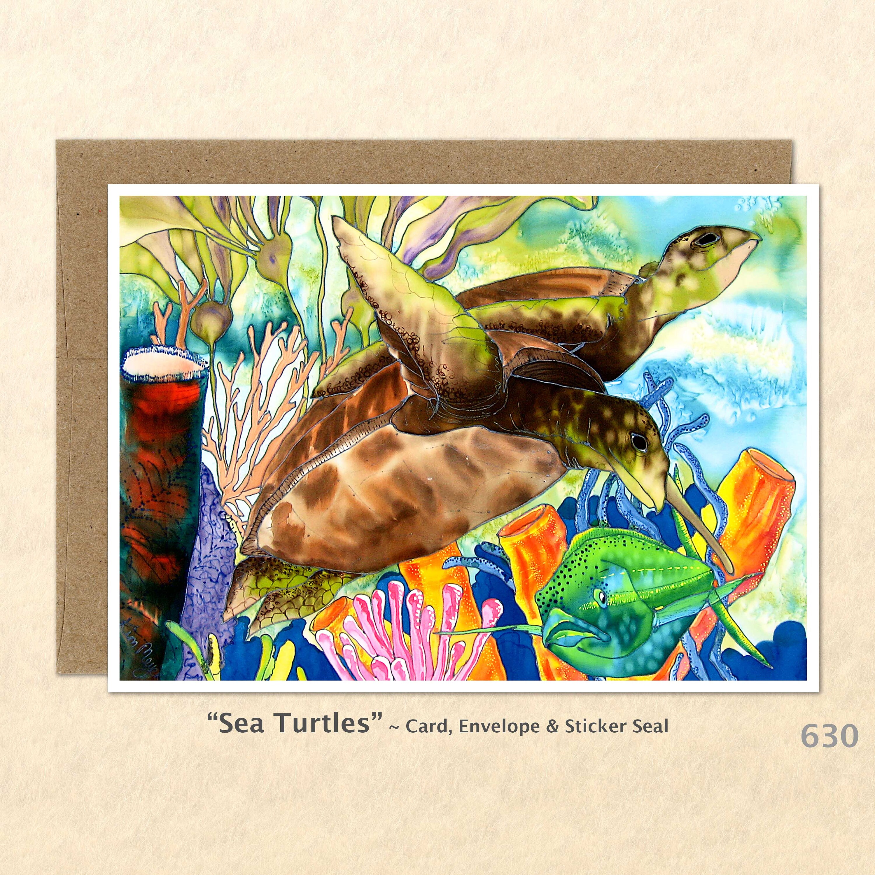 Small Blank Greeting Note Card NEW Turtle Fishes Shells Corals Beach Stamp 