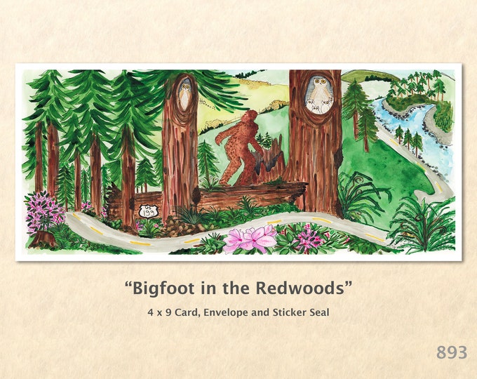 Bigfoot in the Redwoods Note Card Customizable Blank Note Card Watercolor Art Greeting Card