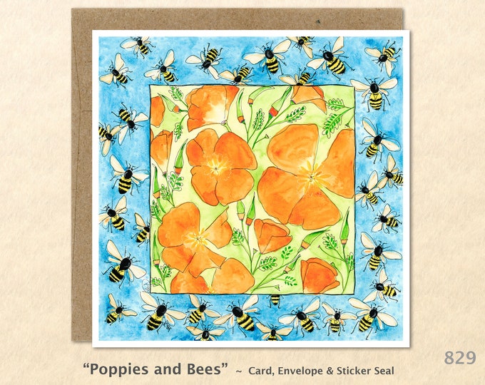 Poppies and Bees Note Card California Poppies Honey Bees Flower Card Floral Card Garden Card Custom Blank Note Card Watercolor Art Card