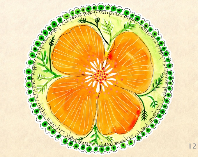 California Poppy Flower Sticker Garden Sticker Floral Sticker  Laptop iPhone Android Sticker Water Bottle Sticker Scrapbook Sticker