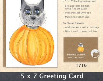 Halloween Black Cat in a Pumpkin Greeting Card Halloween Holiday Card Cute Animal Card Customizable Blank Note Card Art Card Greeting Card