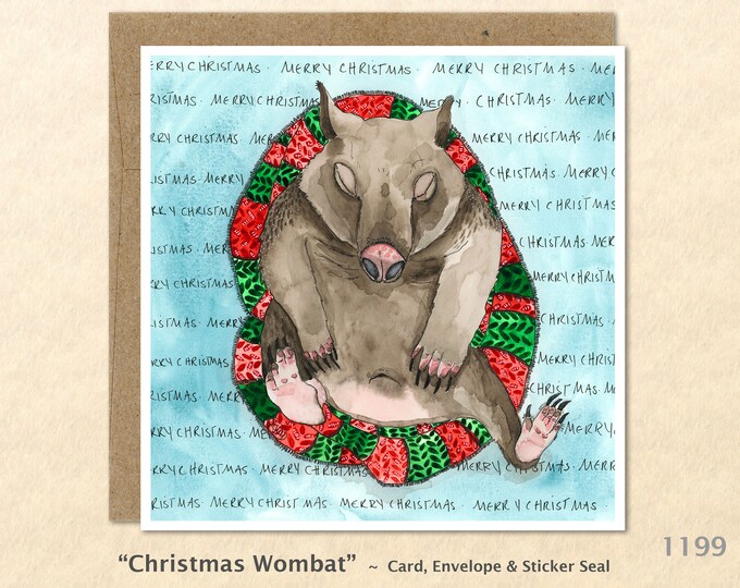 Christmas Card Sleeping Wombat on a Christmas Cushion Merry Christmas Holiday Note Card Blank Watercolor Card Art Card Note Card