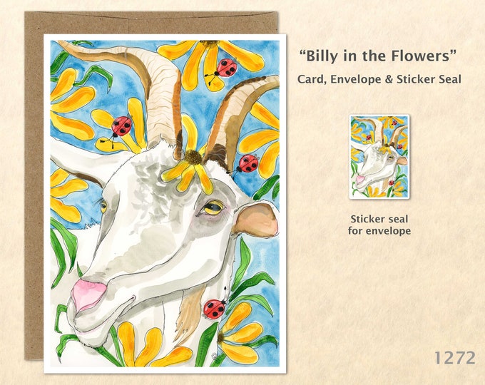 Billy Goat in the Flowers Note Card Ram Card Floral Card Farm Blank Note Card Watercolor Art Card Greeting Card