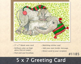 Elephant Mom and Calf in Christmas Cap Holiday Note Card Customizable Blank Christmas Card Watercolor Art Card Note Card