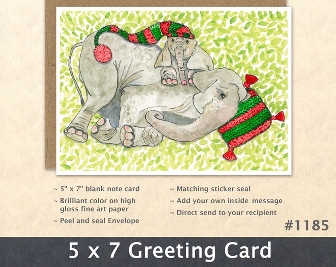 Elephant Mom and Calf in Christmas Cap Holiday Note Card Customizable Blank Christmas Card Watercolor Art Card Note Card