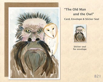 Wise Old Man and Owl Card Watercolor Art Blank Note Card Watercolor Art Greeting Card