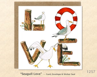 Love Blank Note Card Valentines Card Seagull Card Watercolor Art Cards Greeting Cards