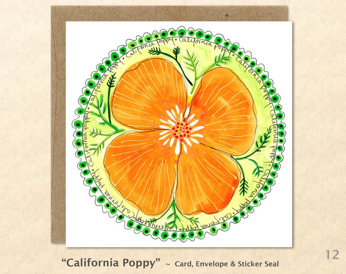 Floral Cards, California Poppy Cards, Flower Cards, Garden Cards, Gardening Cards, Blank Note Card, Art Cards, Greeting Cards
