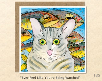 Tabby Cat and Fish Note Card Cute Cat Card Kitty Card Customizable Blank Note Card Watercolor Art Greeting Card