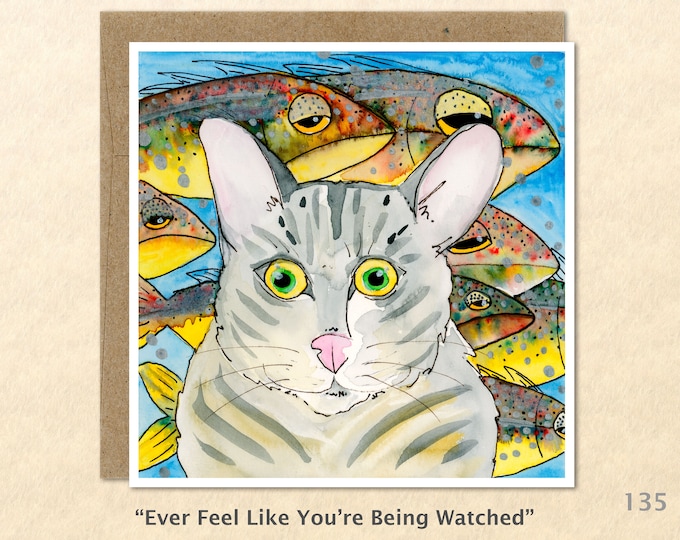 Tabby Cat and Fish Note Card Cute Cat Card Kitty Card Customizable Blank Note Card Watercolor Art Greeting Card