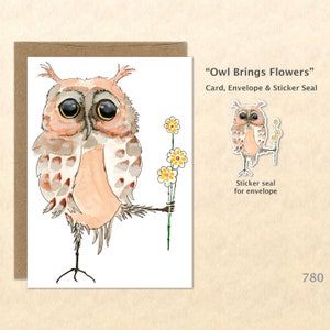 Owl and Flowers Note Card Owl Card Floral Card Flower Card Bird Card Cute Animal Card Blank Note Card Art Card Greeting Card