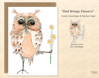 Owl and Flowers Note Card Owl Card Floral Card Flower Card Bird Card Cute Animal Card Blank Note Card Art Card Greeting Card