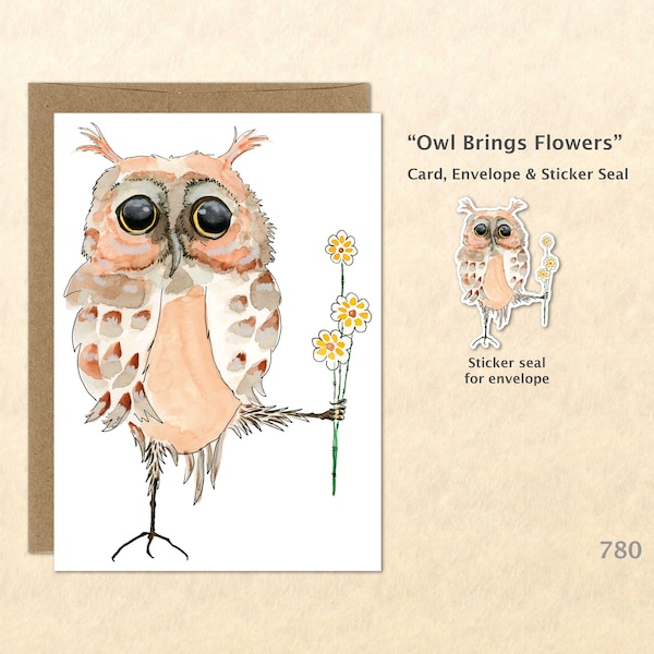 Owl and Flowers Note Card Owl Card Floral Card Flower Card Bird Card Cute Animal Card Blank Note Card Art Card Greeting Card