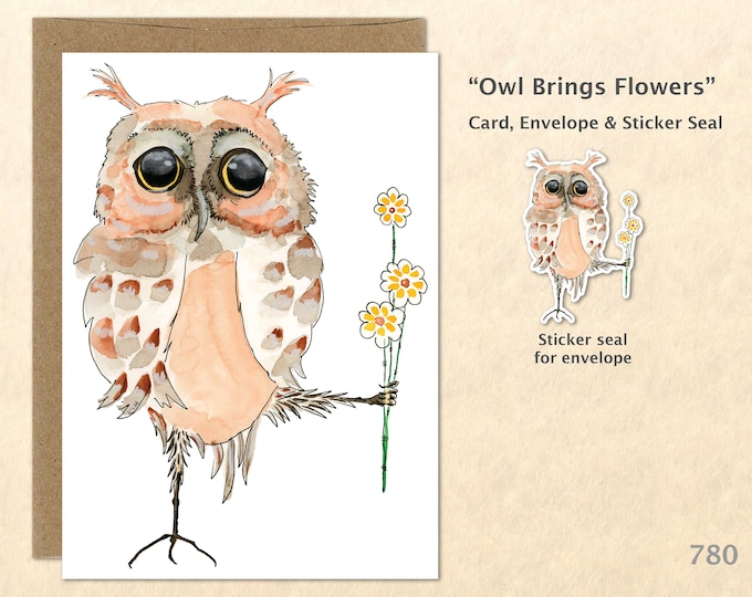 Owl and Flowers Note Card Owl Card Floral Card Flower Card Bird Card Cute Animal Card Blank Note Card Art Card Greeting Card