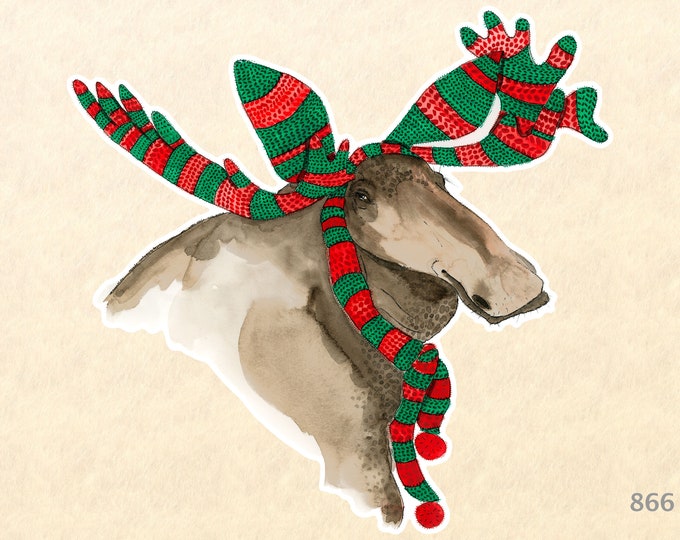 Moose Dressed for Christmas Sticker Gift Wrapping Sticker Laptop Stickers Water Bottle Stickers Scrapbook Stickers