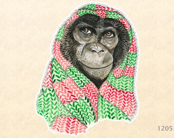 Chimp in a Christmas Head Scarf Sticker Gift Wrapping Sticker Laptop Stickers Water Bottle Stickers Scrapbook Stickers