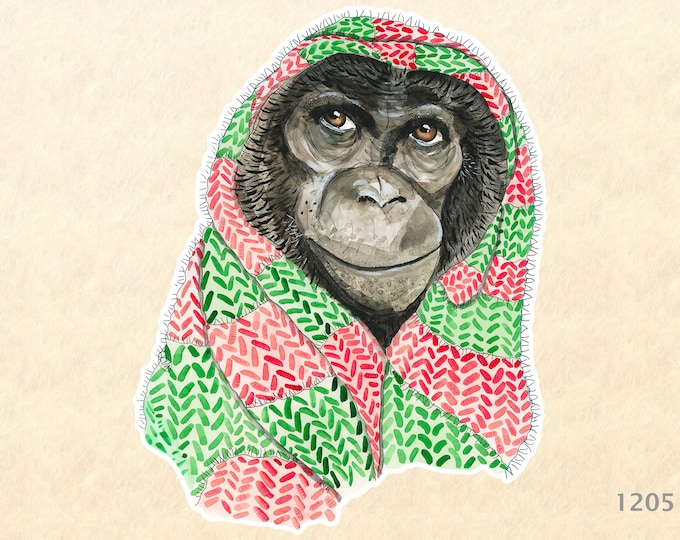 Chimp in a Christmas Head Scarf Sticker Gift Wrapping Sticker Laptop Stickers Water Bottle Stickers Scrapbook Stickers