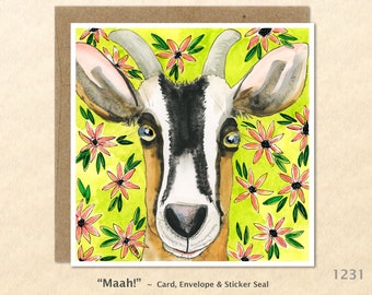 Goat and Flowers Note Card Customizable Blank Card Watercolor Art Note Card Farm Animals Greeting Card