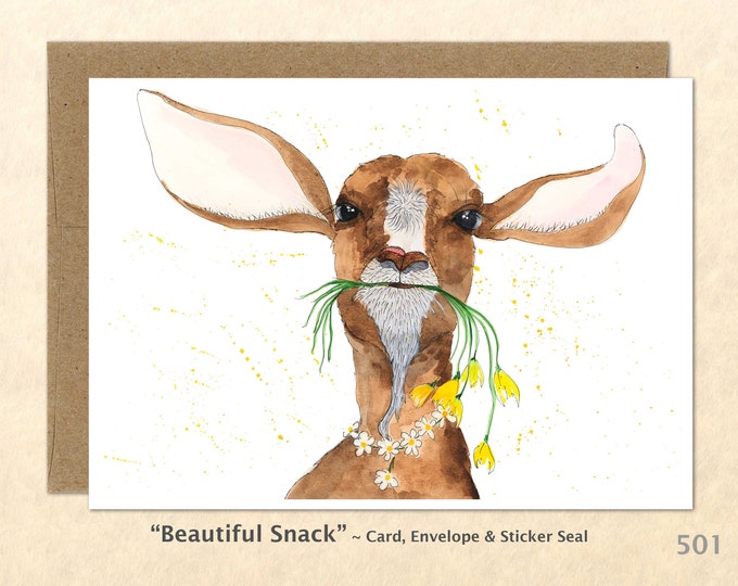 Goat Snacking on Yellow Flowers Note Card Goat Cards Farm Cards Farm Yard Animals Blank Note Card Art Cards Greeting Cards Watercolor