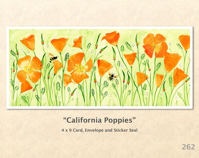 California Poppies and Bees Note Card, Floral Cards, Flower Cards, Poppy Cards, Garden Cards, Blank Note Card, Art Cards, Greeting Cards