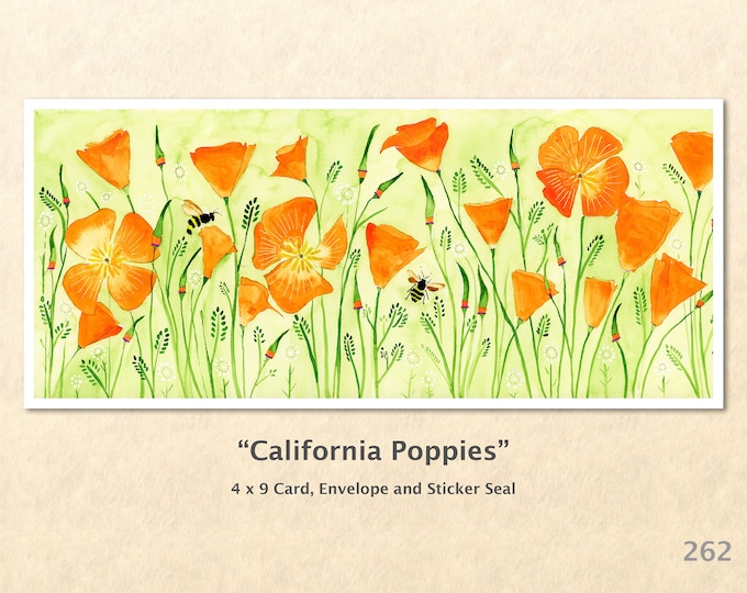 California Poppies and Bees Note Card, Floral Cards, Flower Cards, Poppy Cards, Garden Cards, Blank Note Card, Art Cards, Greeting Cards