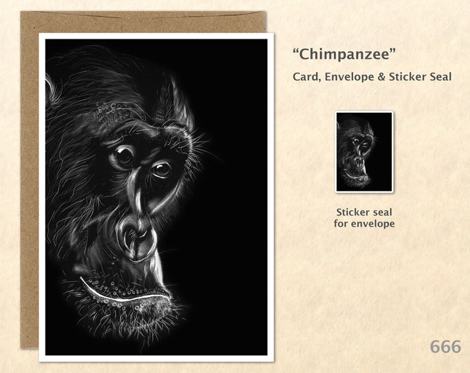 Chimpanzee Note Card from an Original Scratch Art Monkey Card Customizable Blank Note Card Card Greeting Card