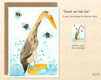 Cute Duck Card Silly Duck Card Duck and Bees Card Bird Card Cute Animal Card Blank Note Card Art Card Greeting Card