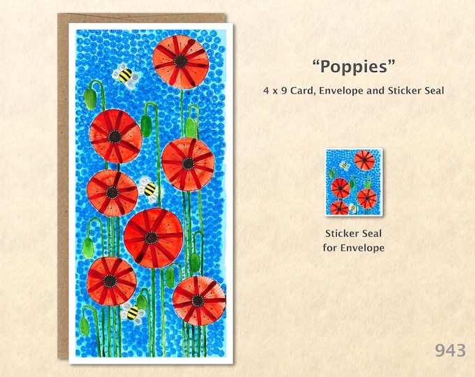 Poppies and Bees Flower Note Card Floral Card Customizable Flower Note Card Watercolor Art Greeting Card