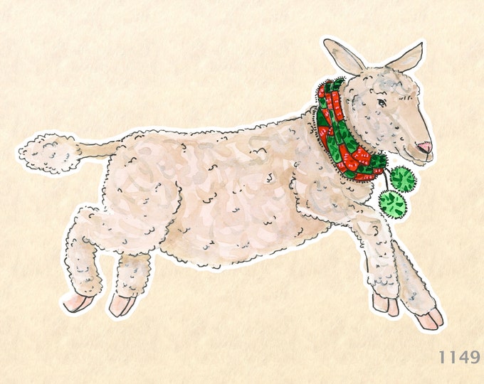 Christmas Lamb with a Red and Green Knitted Scarf Sticker Watercolor Art Sticker Holiday Sticker