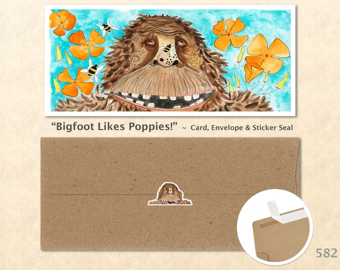 Bigfoot, Poppies and Bees Note Card, Bigfoot Cards, Bigfoot Note Cards, Blank Note Card, Art Cards, Greeting Cards