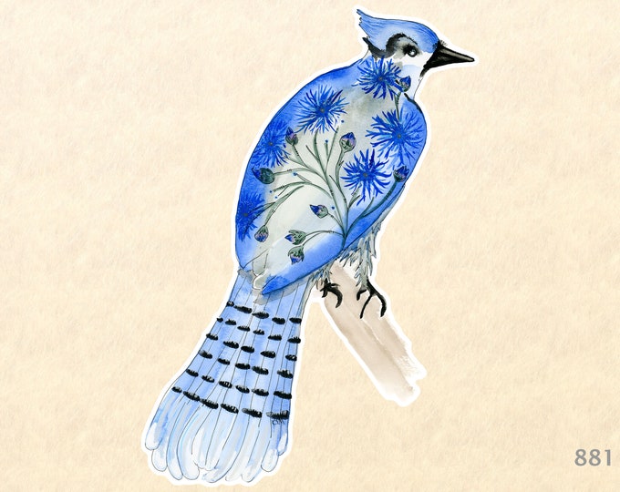 Flowered Steller's Jay Sticker Bluebird Sticker Floral Sticker Water Bottle Sticker Scrapbooking Sticker Macbook Decal Watercolor