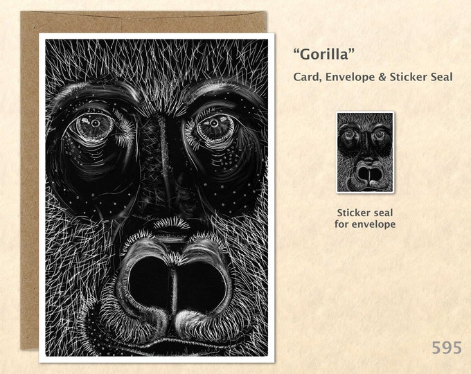 Gorilla Note Card from an Original Scratch Art Great Ape Card Customizable Blank Note Card Card Greeting Card