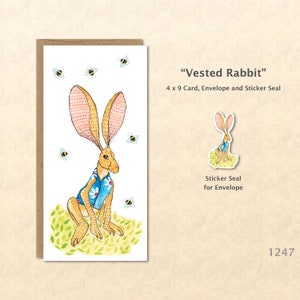 Vested Rabbit Note Card Bunny Rabbit Card Easter Card Customizable Blank Note Card Watercolor Art Card image 1