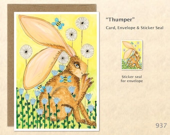 Rabbit Flowers and Bees Note Card Easter Card Bunny Card Hare Customizable Blank Note Card Cute Cards Watercolor Art Card Greeting Card