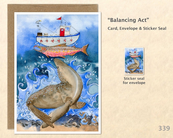 Sea Lion, Fish and Boat Note Card, Blank Note Card, Art Cards, Greeting Cards