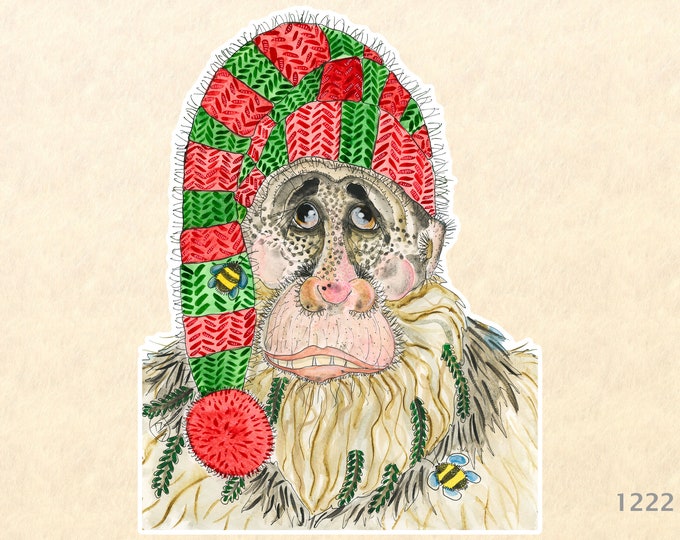 Bigfoot in a Christmas Cap Sticker Gift Wrapping Sticker Laptop Stickers Water Bottle Stickers Scrapbook Stickers Holiday Stickers