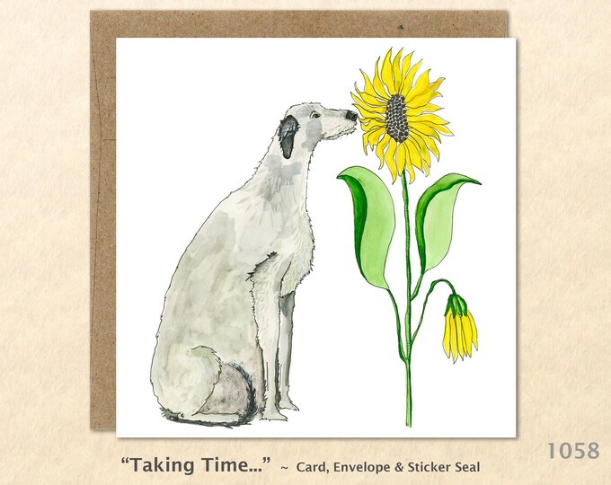 Irish Wolfhound Smelling the Sunflower Note Card Dog Greeting Cards Customizable Blank Note Card Watercolor Art Card